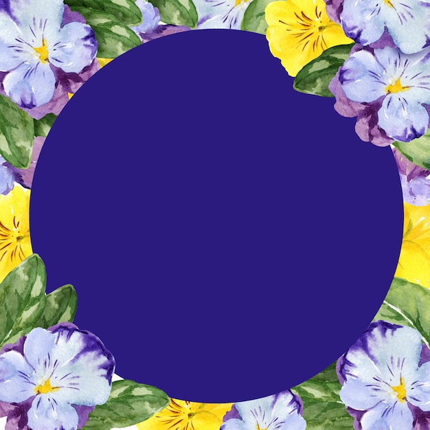 watercolor round frame with hand drawn pansy flowers and leaves violet and yellow spring flowers