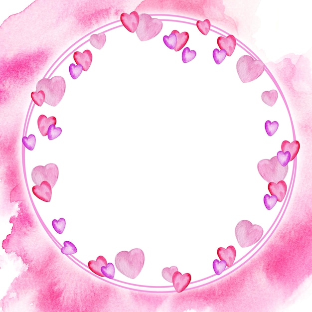 watercolor round frame with heart to Valentine day theme hand draw illustration of wreath pink