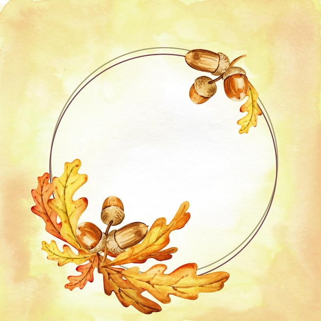 Watercolor round frame with oak leaves seeds acorns hand draw illustartion of tree orange and brown