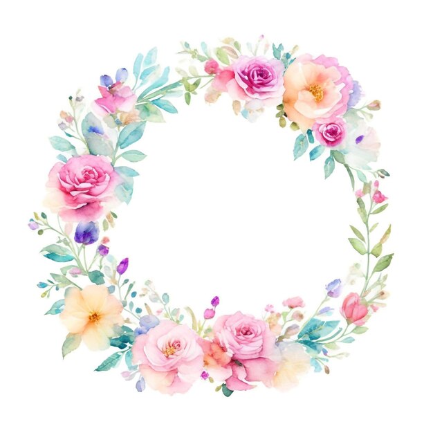 Watercolor Round shape floral frame white background AI generated