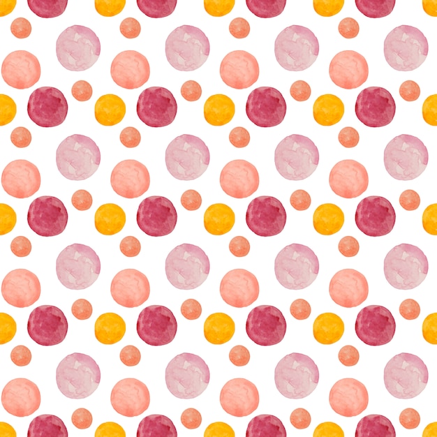 Watercolor round stains dots pattern. Seamless pattern with orange, pink, yellow dots on white background. Hand drawn abstract wallpaper