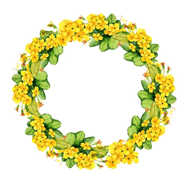 Watercolor round wreath with yellow primrose evening flowers hand drawn botanical illustration with