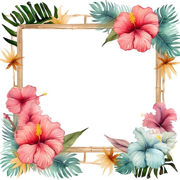 Watercolor of Rustic Frame With Bunga Raya Hibiscus Flowers Palm Leaves an Clipart Tshirt Design