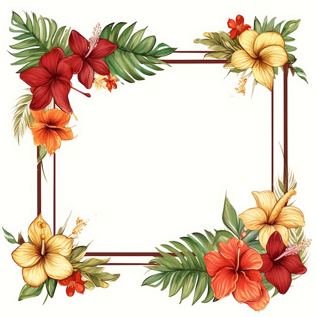 Watercolor of Rustic Frame With Bunga Raya Hibiscus Flowers Palm Leaves an Clipart Tshirt Design