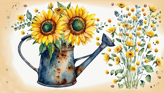 Watercolor Rusty iron watering can with sunflower bouquet Farmhouse style illustration generative