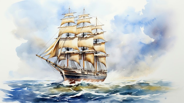 Watercolor Sailing Ship at Sea