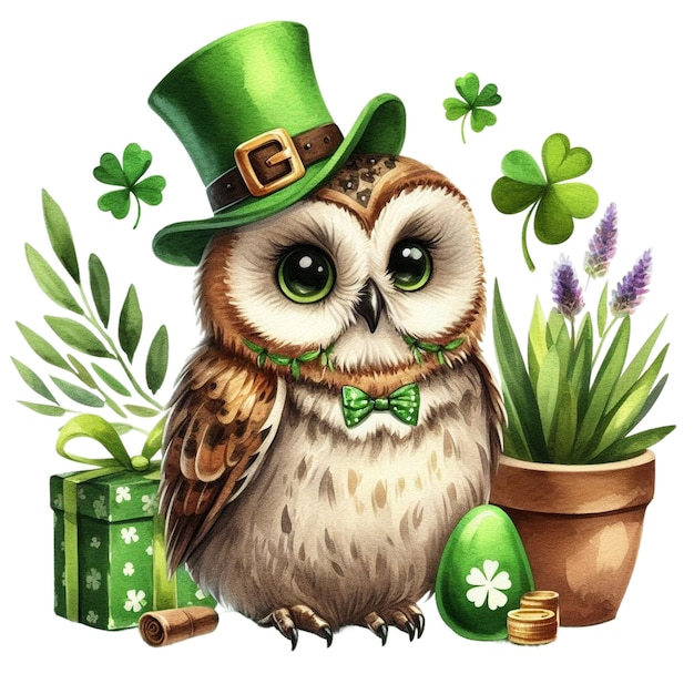 Photo watercolor saint patricks day owl