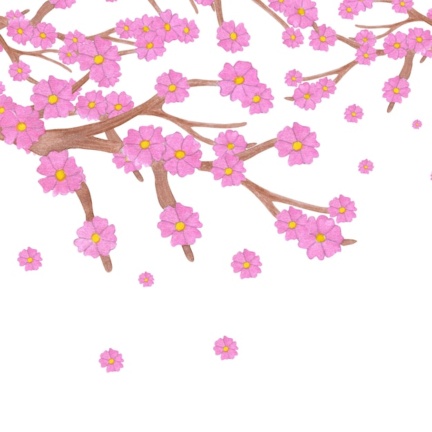 花が咲き、コピースペースを持つ水彩画の桜の枝