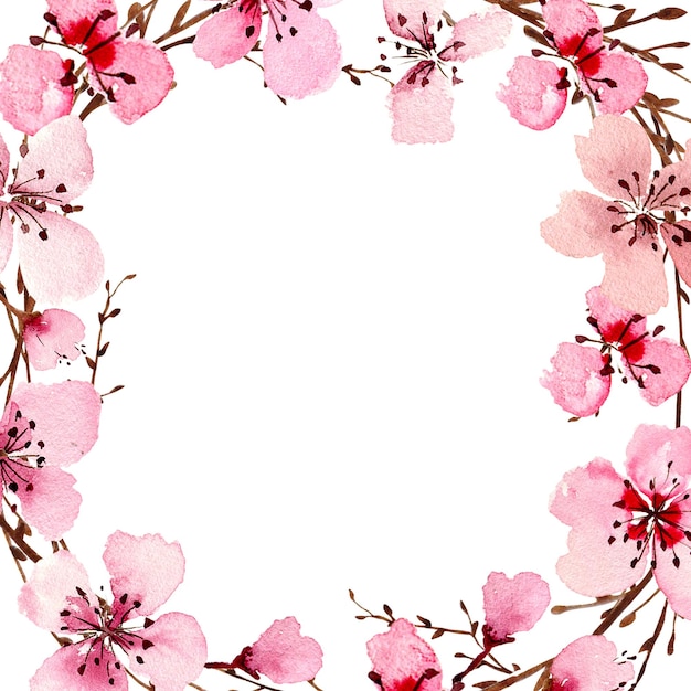 Foto acquerello sakura fiori cornice quadrata primavera fiore di ciliegio dipinto a mano illustrazione