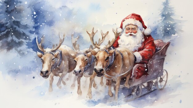 a watercolor of santa claus riding in a sleigh with reindeers