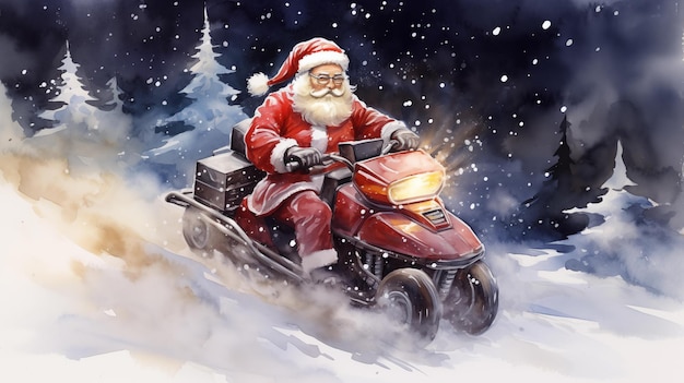 Foto acquerello di santacrose che guida una motoslitta in inverno durante il natale e il capodanno