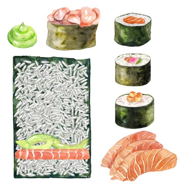 Watercolor sashimi, maki, sushi and wasabi.