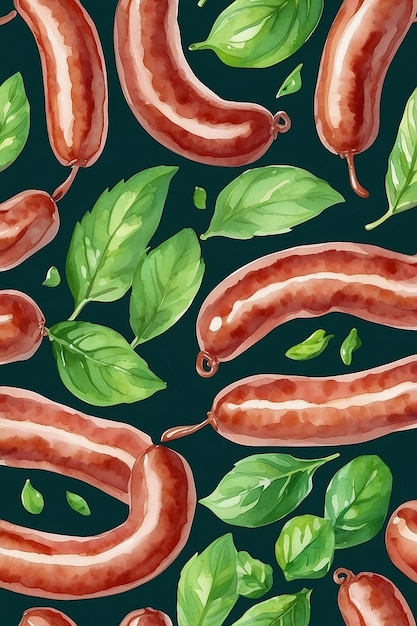 Watercolor sausages and basil leaves