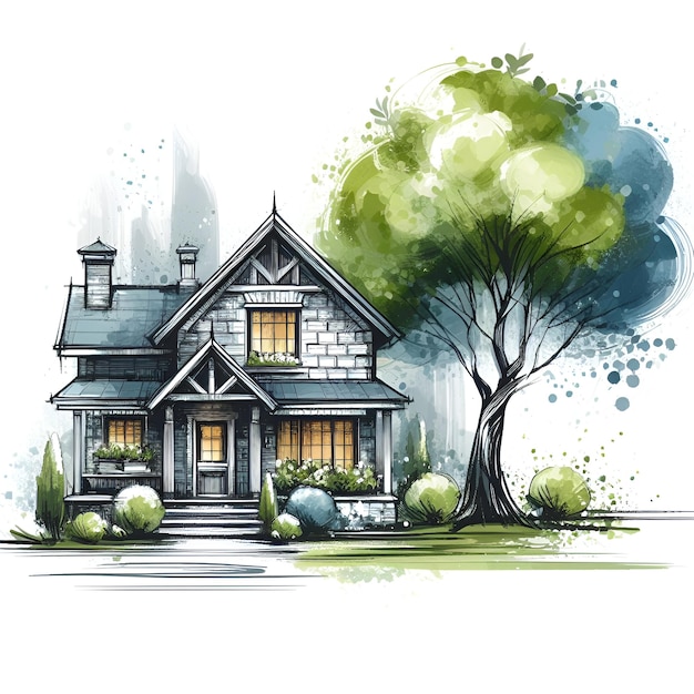 Photo watercolor scandinavian house and trees isolated illustration of a hand drawn with building