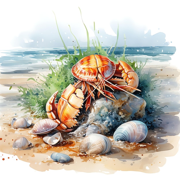 Photo watercolor of scattered shells and sea wrack lapping waves at ebb tide h natural scene concept