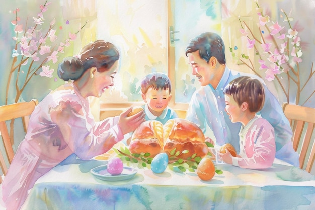 A watercolor scene captures a family enjoying Easter traditions with colorful eggs and sweet bread