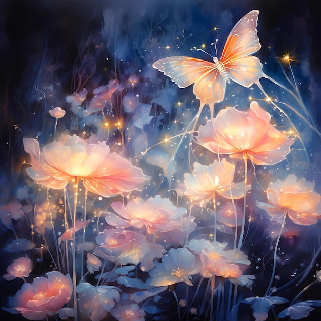A watercolor scene with flowers and butterflies