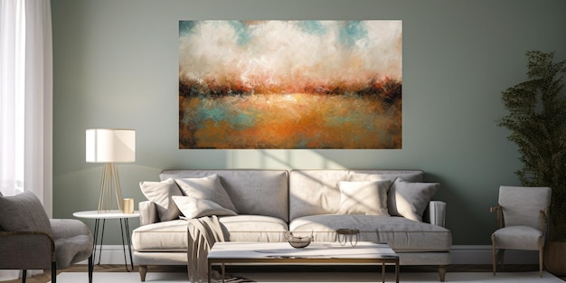 Watercolor scenery wall art hanging on horizontal wall generative AI