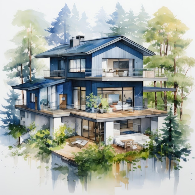 Watercolor scheme Realistic Top view of a small commercial concept design house smart things