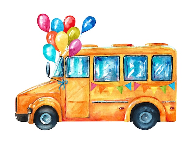 Watercolor school bus Yellow bus with colorful balls and flags