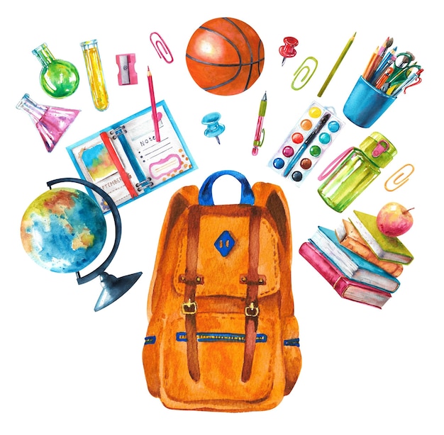 Watercolor school set Backpack globe books and other tools