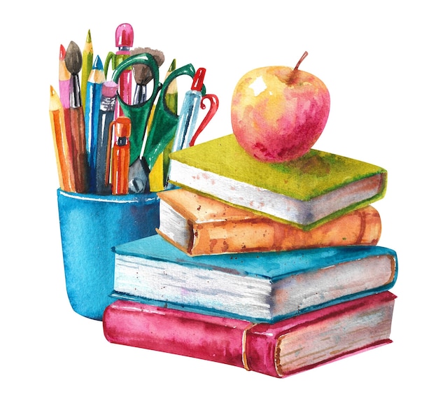 Watercolor school set a stack of books a pencil case a glass\
and an apple