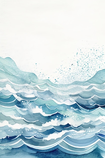 Watercolor sea blue waves background Hand drawn illustration for your design Place for text Greeting card template