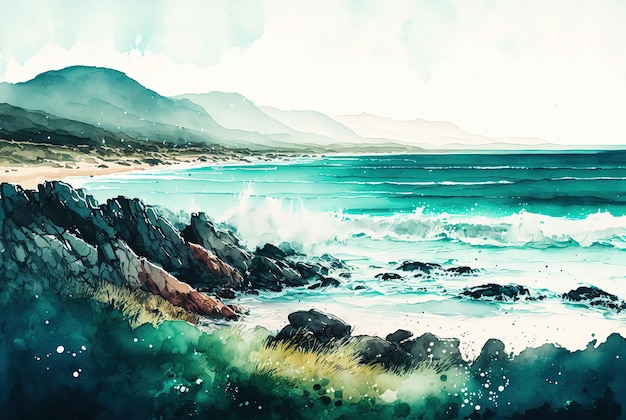 Watercolor sea landscape painting Seascape with mountains