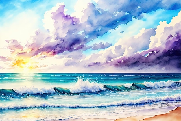 Watercolor sea landscape painting Sunset seascape