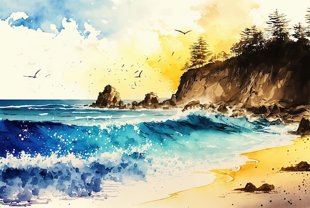 Watercolor sea landscape painting Sunset waves rocks