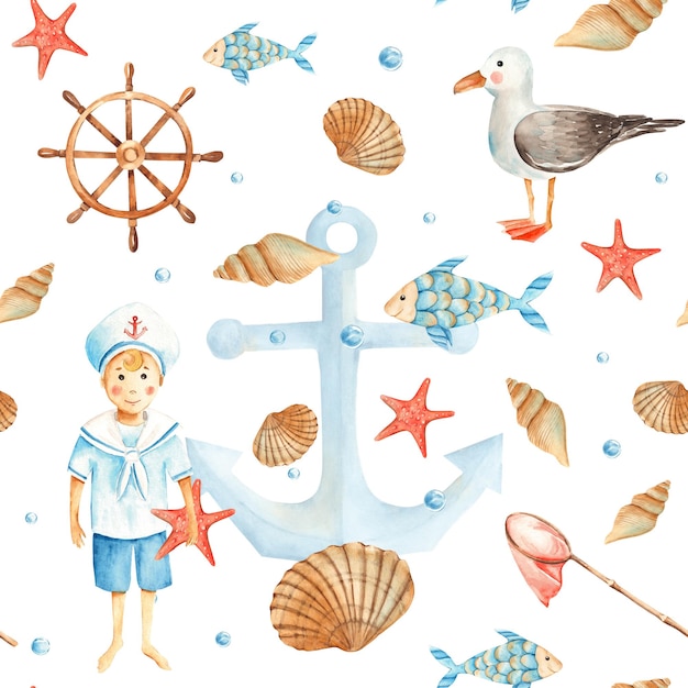写真 水彩の海のシームレスなパターンと可愛い船員の男の子の魚のマグロの航海アンカーの赤い星海