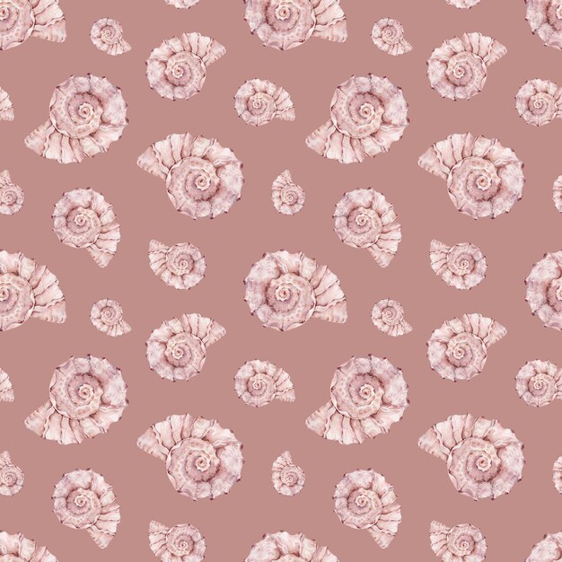 Watercolor sea shell pattern. Pink ocean life wall.