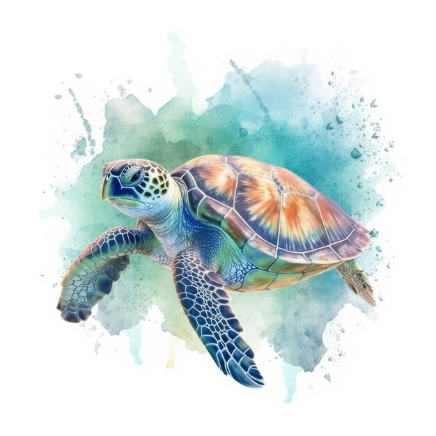 Photo watercolor of sea turtle back into the ocean