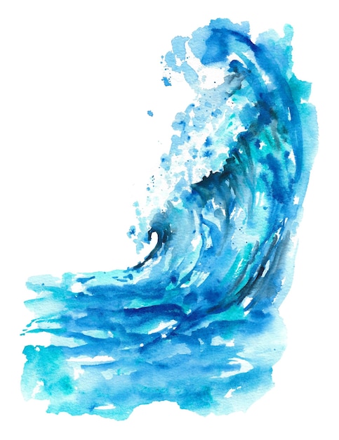 Watercolor sea wave Big blue sea wave on a white background