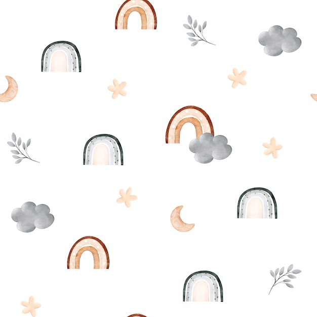 Watercolor seamless baby pattern with moon stars twigs and clouds Perfect for textiles packaging cards brochures baby shower posters gift print posters decoration and more