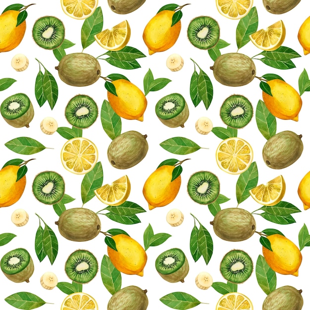 アクアカラーの背景は熟したフルーツキウイバナナスライスレモンフルーツのスライス 葉を水彩で手で塗装して布や紙に印刷するキッチン皿