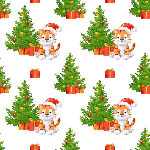 Watercolor seamless background with tiger gift boxes and Christmas tree Chinese  New year 2022