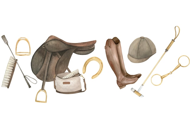 Photo watercolor seamless border banner with illustration of a horseshoes stirrups saddle bag brush helmet snaffles brown leather boots and polo sticks horse theme equestrian equipment isolated