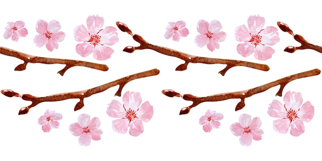 枝と桜を描く水彩のシームレスな境界線