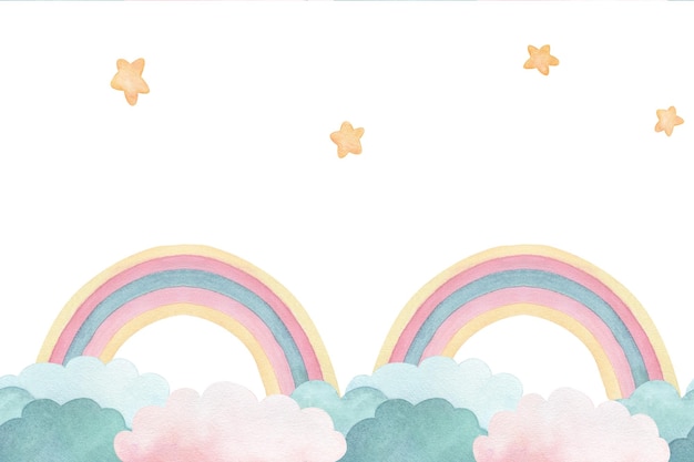 watercolor seamless border or frame with illustration of cute cartoon rainbow stars and clouds for decorating childrens room wallpapers cards and invitations