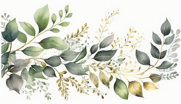 Watercolor seamless border illustration with green gold leaves and branches for wedding stationary greetings wallpapers fashion backgrounds textures DIY wrappers cards Generate Ai