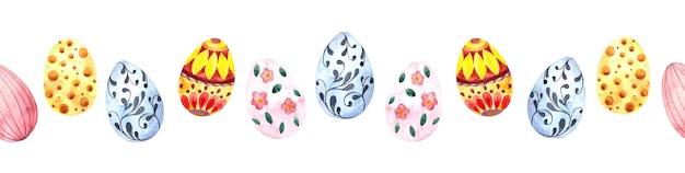 Watercolor seamless border with colorful Easter eggs for Easter on a white background