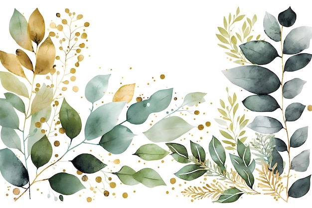 Watercolor seamless border with green gold leaves and branches, for wedding stationary, greetings