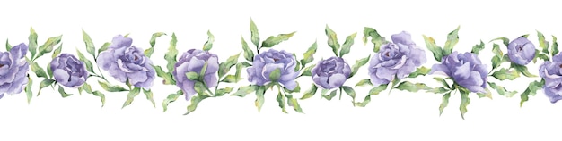 Watercolor seamless border with large lilac peony flowers and leaf branches on a white background