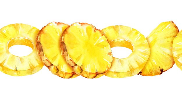 watercolor seamless border with pineapple rings and slices of ripe pineapple sketch tropical fruit