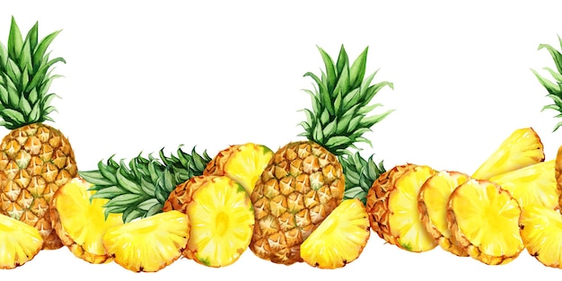 watercolor seamless border with pineapple with half and slices ripe pineapple sketch illustration