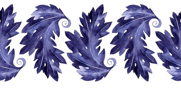 Watercolor seamless border with a stylized acanthus plant. Leaves, twigs and flowers