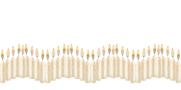 Watercolor seamless border with white candles as a teemplate Christmas Candlemas Easter