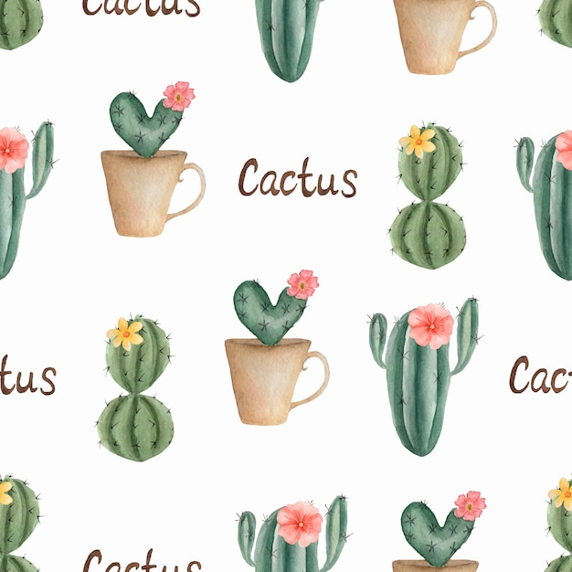 Watercolor seamless Cacti flower pattern. Hand-drawn with cactus in the pot. Green house plants. 