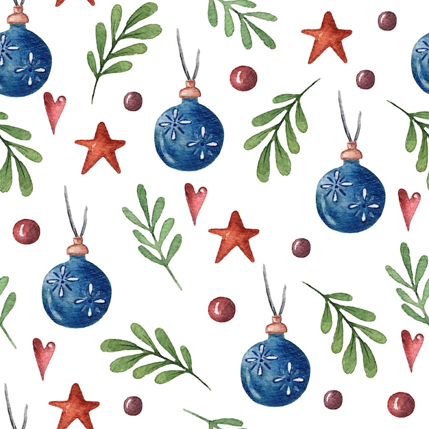 Watercolor seamless Christmas pattern with a decorated Christmas toys boot plants heart and stars